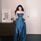 Peacock Blue Strapless Satin High Slit Formal Prom Dress  NV7310
