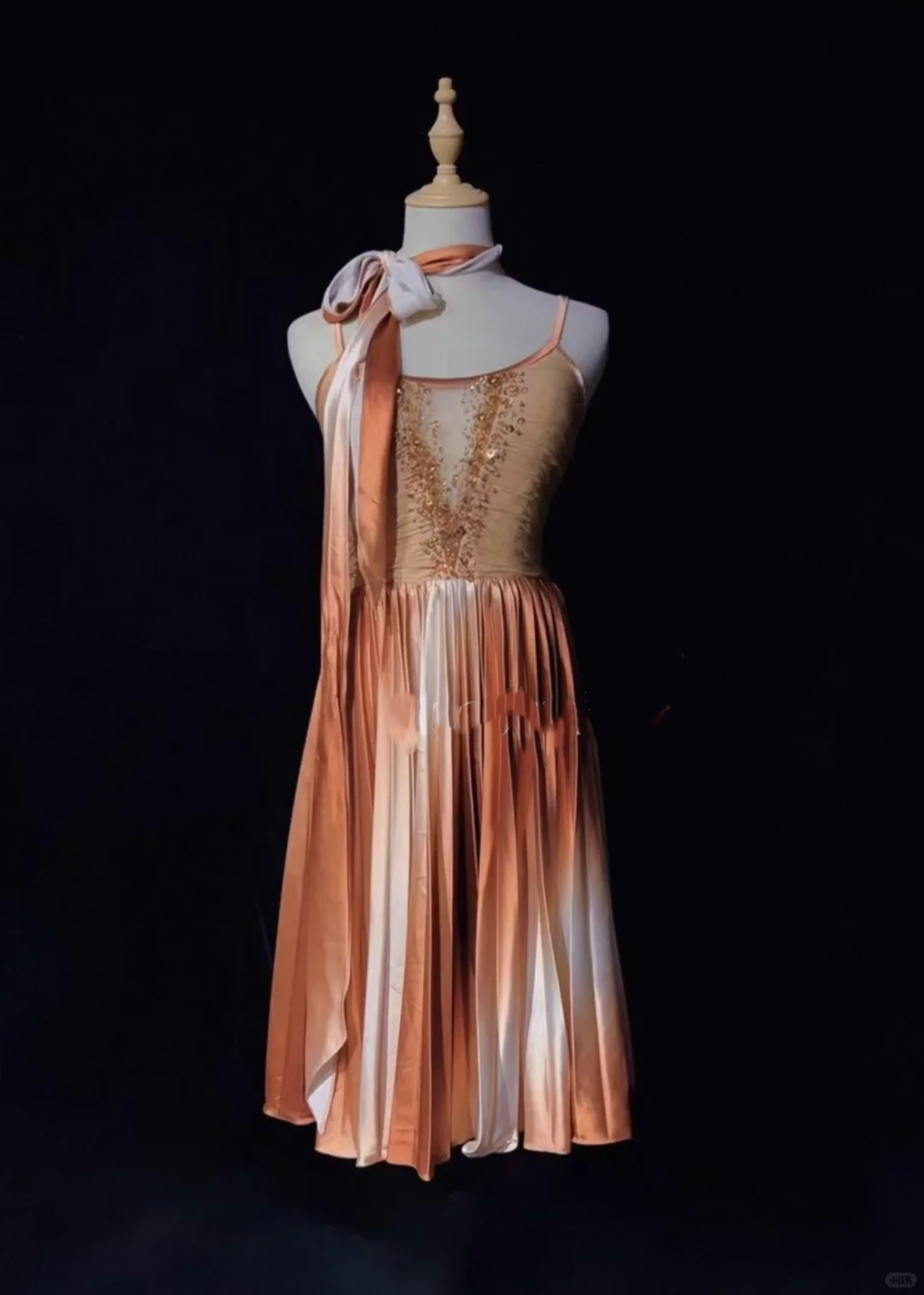 Spaghetti Strap Ombre Brown Midi Prom Dress Sheer V Neck Rhinestone Beading Pleated Skirt Flowing Ribbon Formal Gown  NV6899