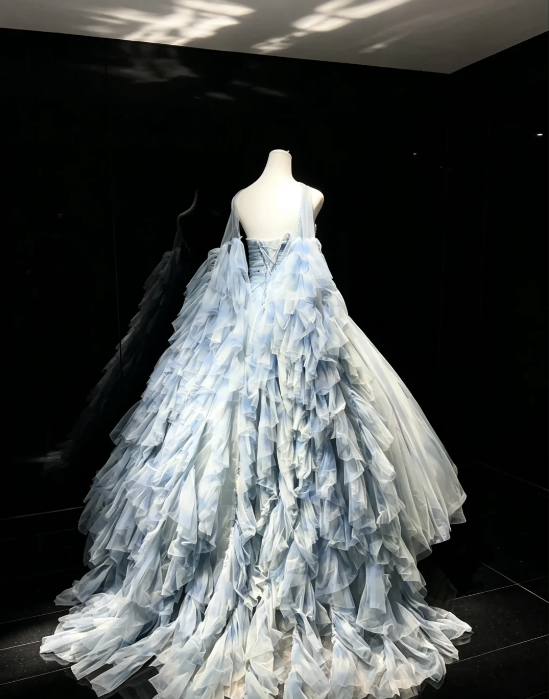 Strapless Sky Blue Cloud Print Tulle Prom Dress Beaded Bodice Detachable Puff Sleeve Princess Ball Gown  NV6992