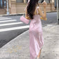 Robe de soirée longue en satin rose élégante avec nœud et bretelles spaghetti, tenue de bal, robe de soirée, robe ...