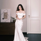 Off Shoulder Lace Trim Satin Mermaid Bridal Gown, Elegant Wedding Dress  NV7336