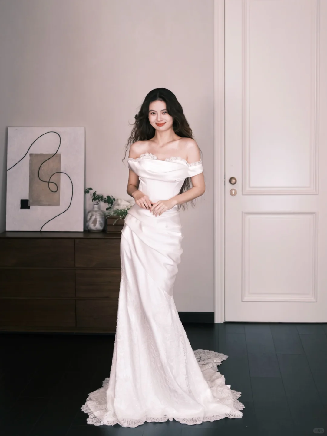 Off Shoulder Lace Trim Satin Mermaid Bridal Gown, Elegant Wedding Dress  NV7336