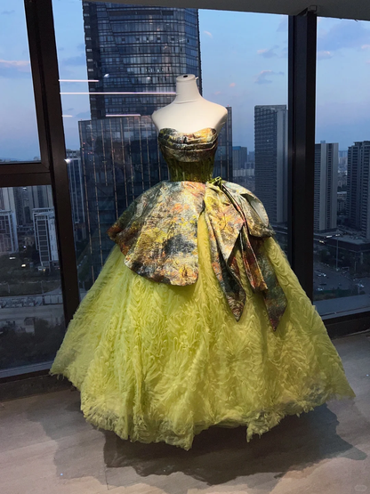 Strapless Lime Green Vintage Ball Gown Metallic Oil Painting Jacquard Overskirt Ruffle Tulle Prom Dress  NV7031