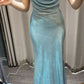 Robe de soirée élégante en satin bleu brillant, longue, longueur au sol, robe de bal, robe de fête d'anniversaire, robe de bal, robe de remise de diplôme, nv4009