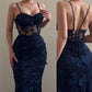 Robe de soirée sirène vintage en dentelle bleu marine avec bretelles, robe de bal d'anniversaire, robe de soirée nv2023