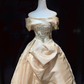 Off Shoulder Champagne Satin Ball Gown Rhinestone Beaded Draped Skirt Long Formal Prom Wedding Dress  NV6979