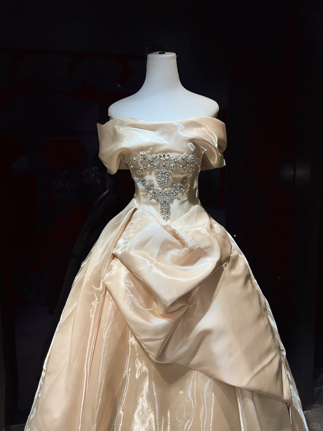 Off Shoulder Champagne Satin Ball Gown Rhinestone Beaded Draped Skirt Long Formal Prom Wedding Dress  NV6979