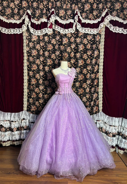 Lila funkelnde Fee elegante exquisite Perlen Blumen lange bodenlange Tüll Ballkleid Abendkleid Partykleid nv4013