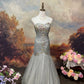 Robe de soirée longue en tulle gris argenté, élégante et vintage, ornée de pierres précieuses et de perles, robe de bal nv4079