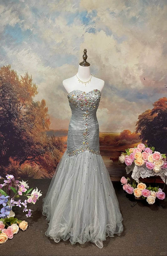 Silbergrau Vintage Elegant Exquisite Edelstein Perlen Langes Tüll Ballkleid Abendkleid Ballkleid nv4079