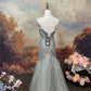 Robe de soirée longue en tulle gris argenté, élégante et vintage, ornée de pierres précieuses et de perles, robe de bal nv4079