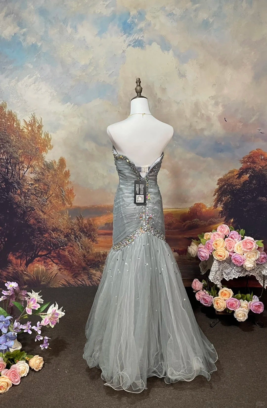 Robe de soirée longue en tulle gris argenté, élégante et vintage, ornée de pierres précieuses et de perles, robe de bal nv4079