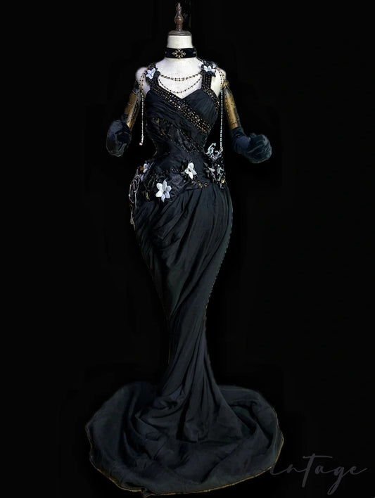 Black Vintage Fashion Gorgeous Floral Delicate Beads Long Mermaid Slim Satin Ball Gown Evening Gown nv4059