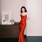 Bright Red Strapless Satin Mermaid Evening Gown  NV7226