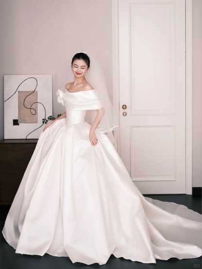 Satin Ball Gown Wedding Dress Off The Shoulder 3D Floral Bridal Gown with Train  NV7240