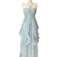 Blue backless fashionable suspender elegant long chiffon flowing ruffle dress 3