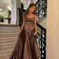 Schlichtes braunes A-Linien-Ballkleid mit Spaghettiträgern, Partykleid nv1713
