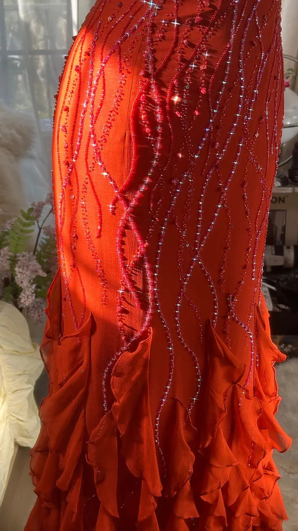 Vintage Abendkleider, Orange Meerjungfrau Ärmellose Lange Partykleider nv4330