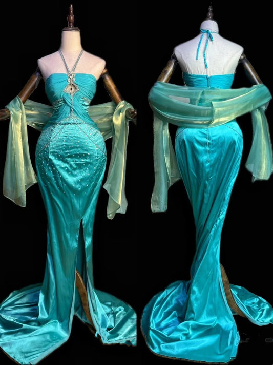 Blaues wunderschönes, exquisites, langes Satin-Ballkleid mit Perlen, Abendkleid, Partykleid, NV4373