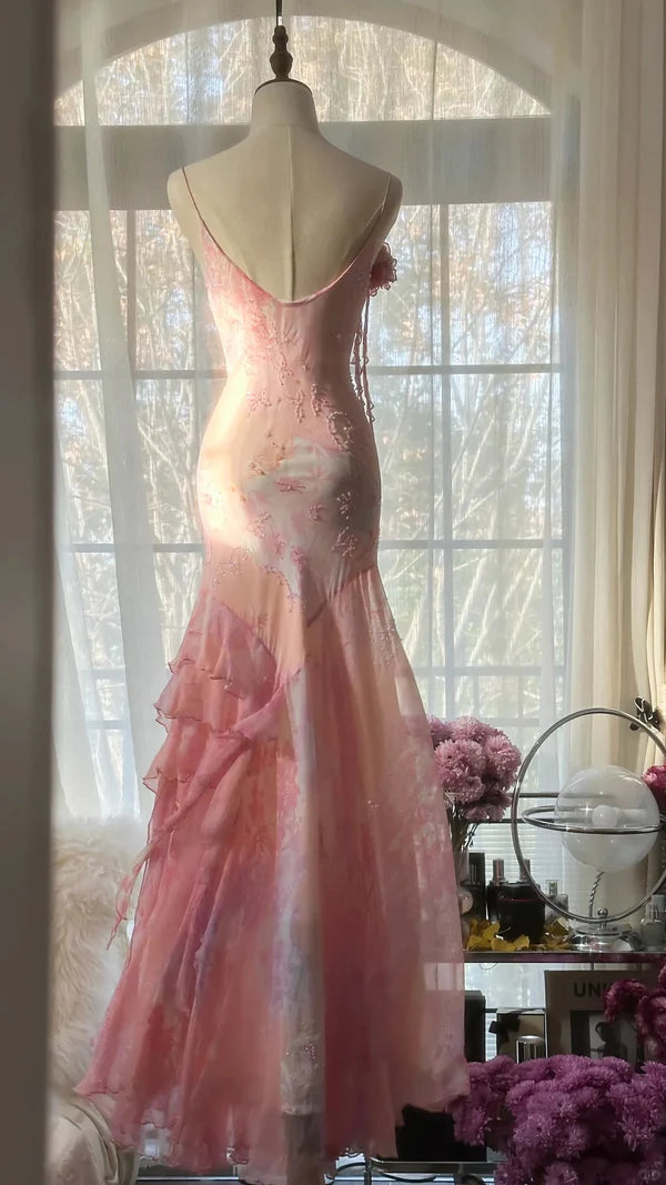 Elegant and romantic ruffled chiffon pink long prom dress nv5321
