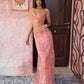 Rosa Glitzer Blumen Exquisite Perlen Elegant Spaghettiträger Ärmellos Meerjungfrau Langes Tüll Ballkleid Abendkleid Partykleid nv3806