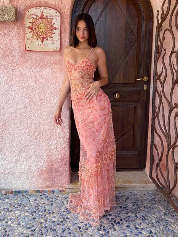 Rosa Glitzer Blumen Exquisite Perlen Elegant Spaghettiträger Ärmellos Meerjungfrau Langes Tüll Ballkleid Abendkleid Partykleid nv3806