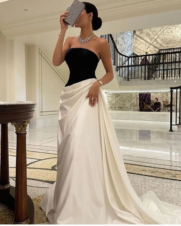Schwarz-weißes schlichtes, elegantes, schulterfreies, langes Ballkleid-Abendkleid, NV1989