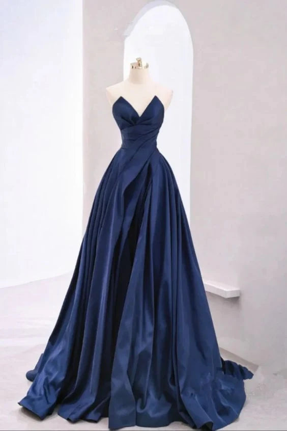 Blue A-line simple elegant satin off-shoulder long ball gown party dress evening dress nv2510