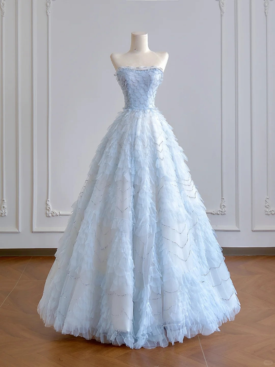 Robe de soirée longue en tulle et organza pailleté bleu clair brillant, longueur au sol, robe de bal, robe de remise de diplôme, nv5103