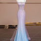 Blau Rosa Glitzer Perlen Ombre Lange Tüll Meerjungfrau Bodycon Bodenlangen Ballkleid Abendkleid Partykleid nv5054