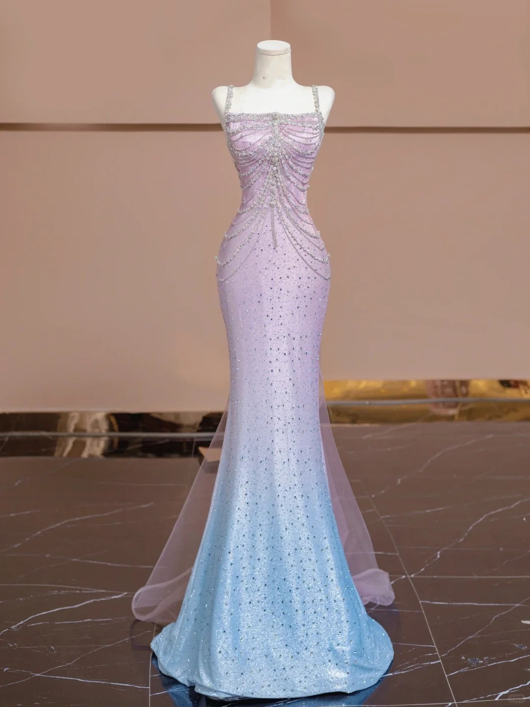 Blau Rosa Glitzer Perlen Ombre Lange Tüll Meerjungfrau Bodycon Bodenlangen Ballkleid Abendkleid Partykleid nv5054