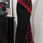 Robe de soirée longue en satin rouge et noir, élégante et vintage, à pompons, motif floral, tenue de bal, d'anniversaire, nv4051