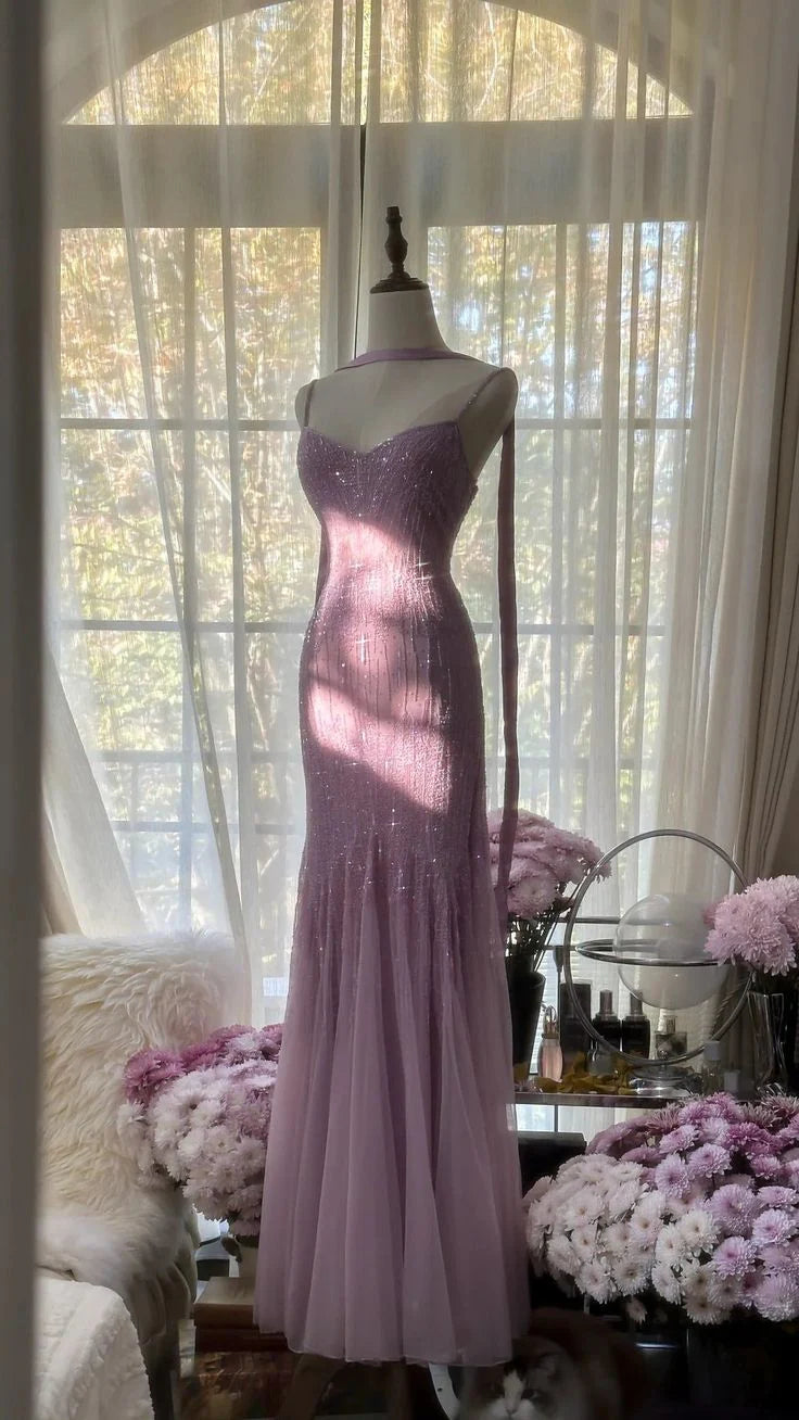 Robe de soirée longue en tulle et paillettes, luxueuse et élégante, style sirène, avec perles et bretelles spaghetti, robe de bal, robe de remise de diplôme, robe de soirée, nv4031