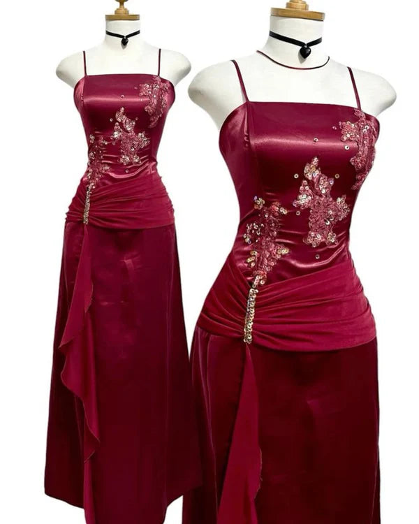 Burgunderrotes Ballkleid, lang, Satin, formelles Abendkleid, Abendkleid, Partykleid, nv4162