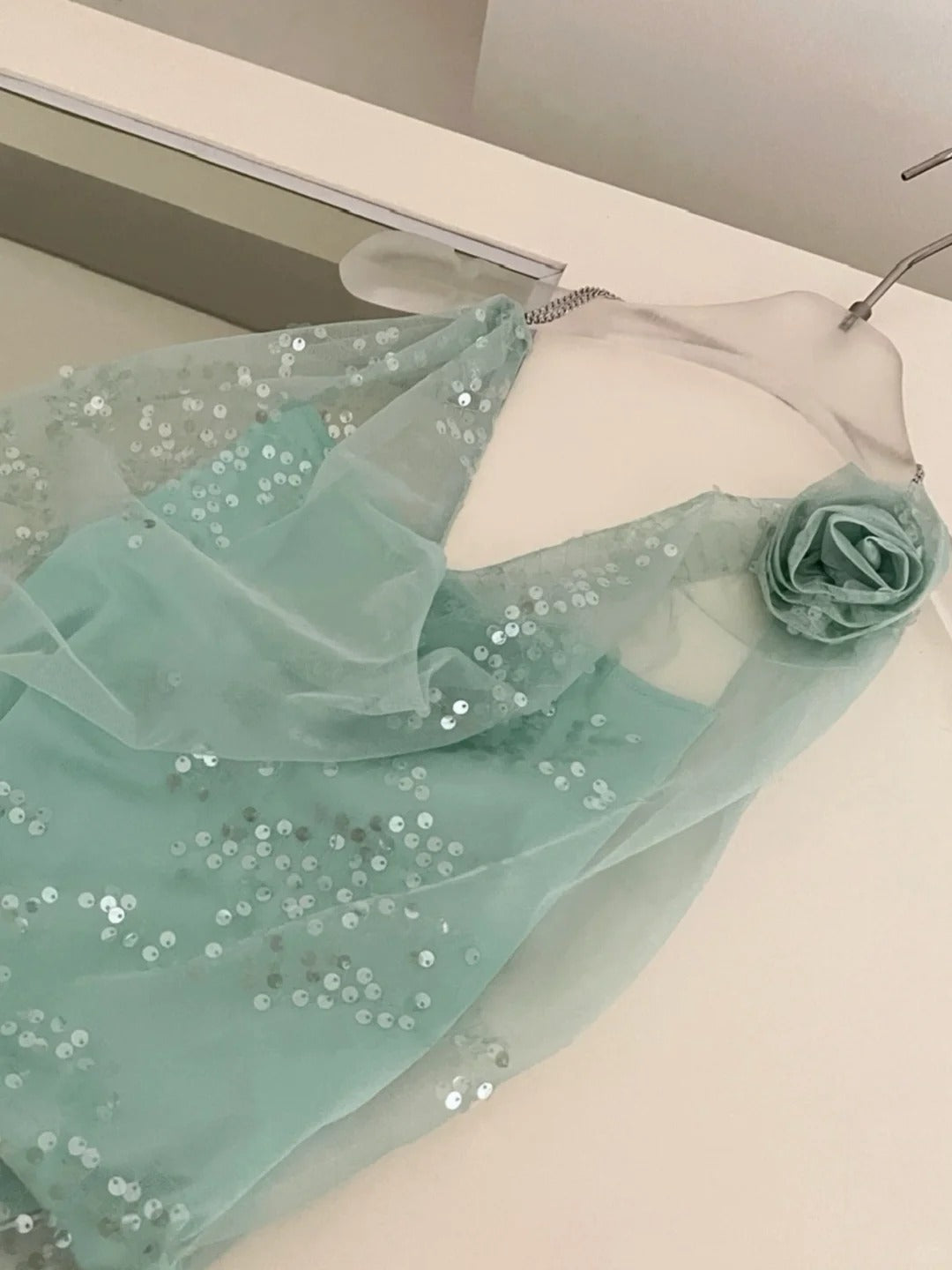 Mintgrünes, glänzendes, elegantes, kurzes Chiffon-Kleid mit Pailletten für den Heimkehr, Geburtstagspartykleid, nv4916