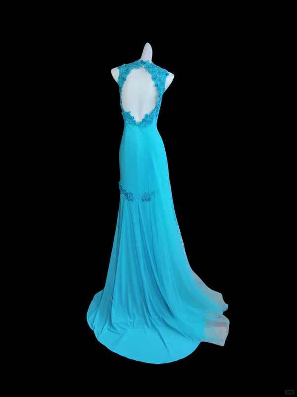 Blue Beaded Backless Long Chiffon Ball Gown Evening Gown Graduation Gown nv4400
