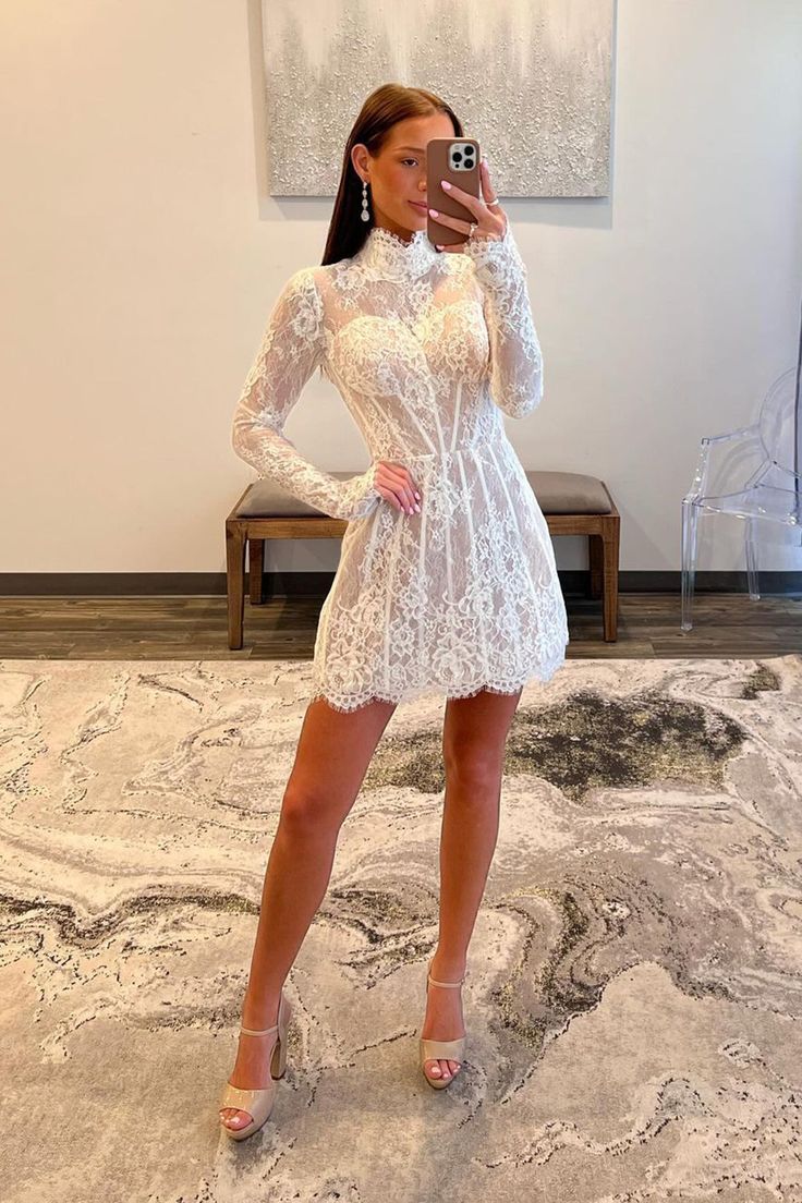 Weißes langärmliges A-Linien-Heimkehrkleid mit Spitze, Ballkleid, Partykleid nv2059
