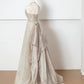 Robe de soirée longue en tulle, élégante et brillante, couleur champagne doré, robe de bal, robe de soirée, nv4753