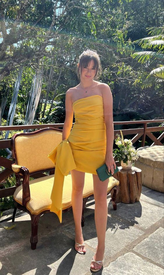 Gelbes trägerloses, schulterfreies, kurzes Homecoming-Kleid, Partykleid nv2132