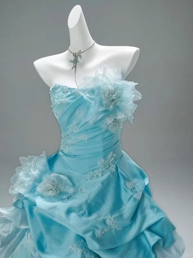 Robe de soirée longue en tulle bleu élégant et stylé nv4776