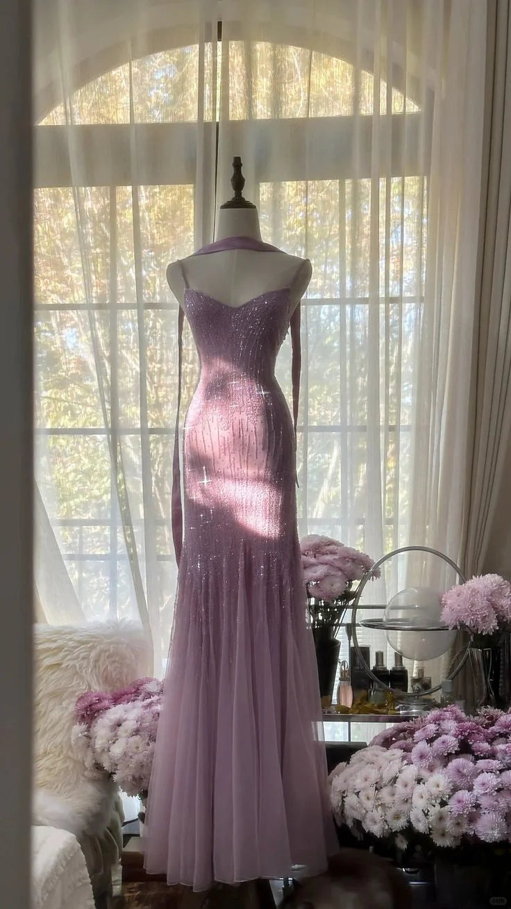 Robe de soirée longue en tulle et paillettes, luxueuse et élégante, style sirène, avec perles et bretelles spaghetti, robe de bal, robe de remise de diplôme, robe de soirée, nv4031