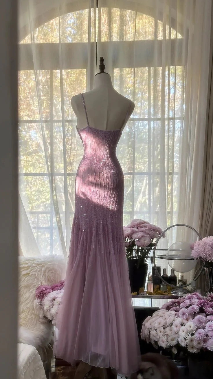 Robe de soirée longue en tulle et paillettes, luxueuse et élégante, style sirène, avec perles et bretelles spaghetti, robe de bal, robe de remise de diplôme, robe de soirée, nv4031