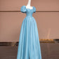 Robe de bal longue en satin bleu délicat et perlé, robe de soirée, robe de soirée, nv4731
