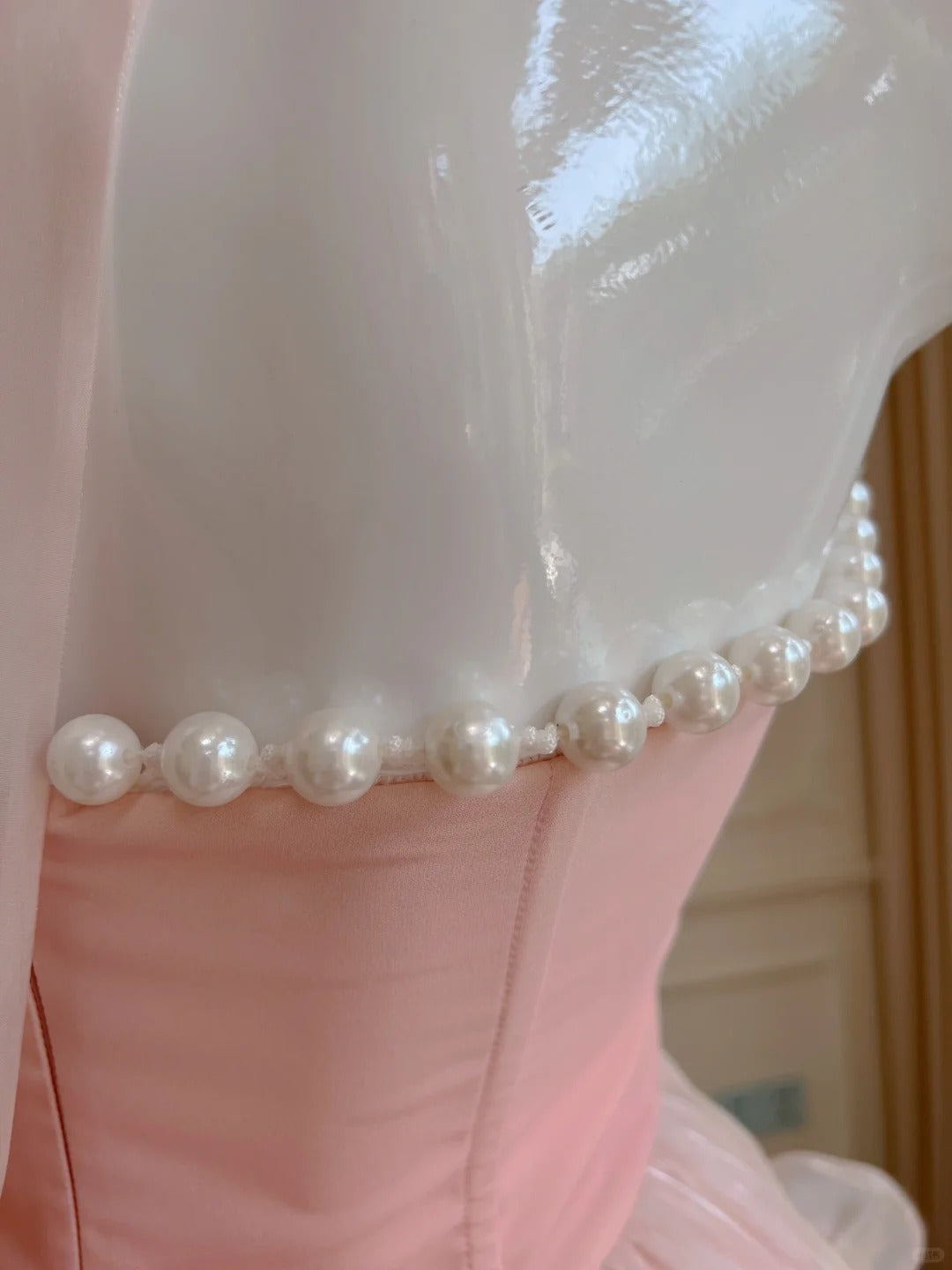Rosa Perlen Neckholder Elegante Lange Rüschen Chiffon Ballkleid Abendkleid Partykleid nv4186