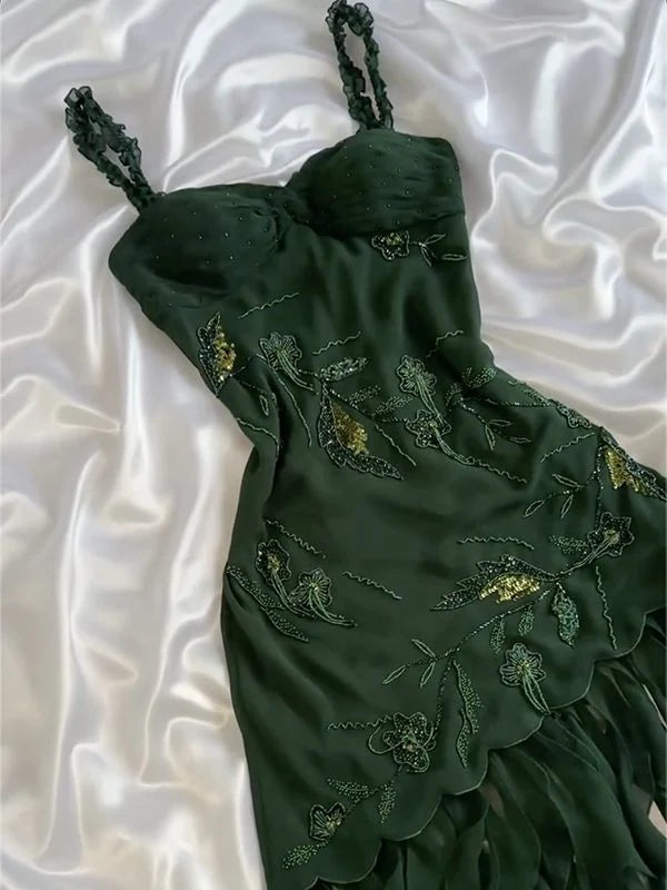 Dunkelgrünes Chiffon-Rüschen-Kurz-/Lang-Heimkehrkleid, Ballkleid, formelles Kleid, Abendkleid, NV4491