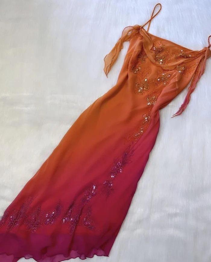 NiceVestidos-Orange Red Fashion Gradient Gorgeous Spaghetti Strap Beaded Charming Short Chiffon Homecoming Dress Fairy Dress Fairy Tale Dress nv5528