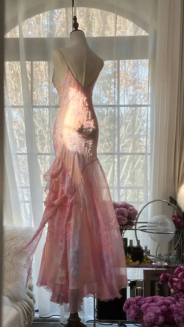 Elegant and romantic ruffled chiffon pink long prom dress nv5321