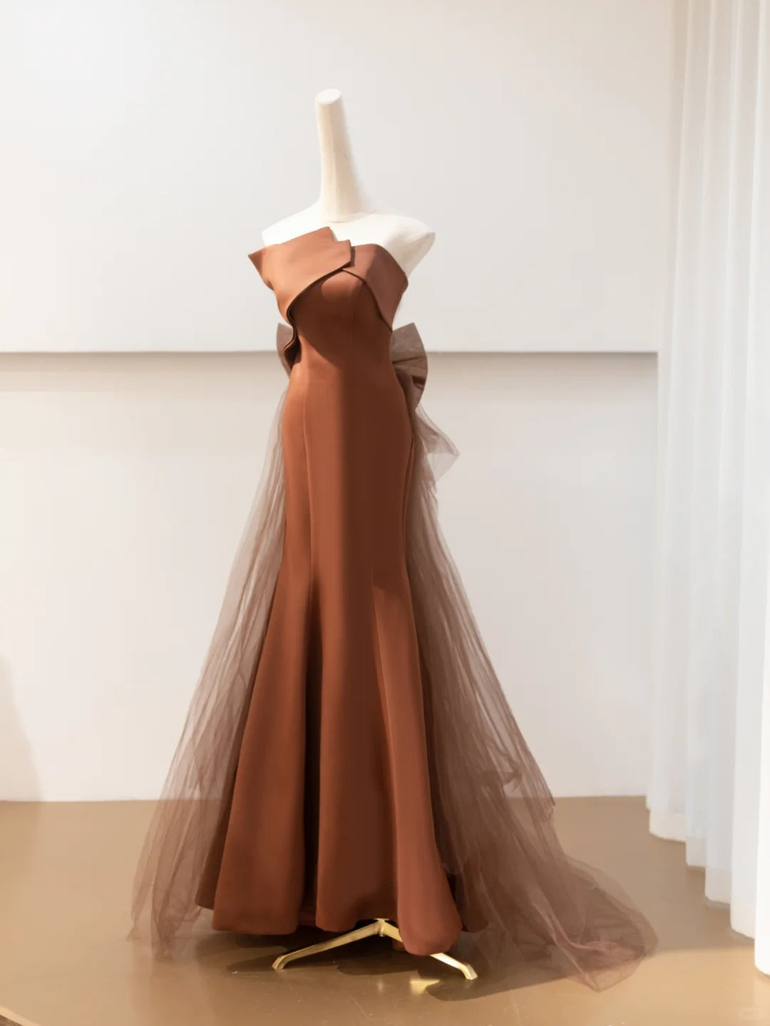 Robe de soirée longue en satin marron, élégante, style sirène, en tulle, nv4752