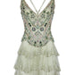 Grünes, glänzendes, florales, modisches, kurzes Chiffon-Kleid mit Rüschen, für den Heimkehr, Geburtstagsparty, Kleid NV5282