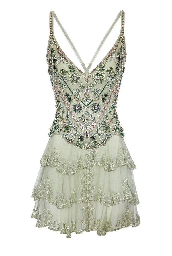 Grünes, glänzendes, florales, modisches, kurzes Chiffon-Kleid mit Rüschen, für den Heimkehr, Geburtstagsparty, Kleid NV5282